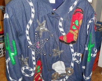 Vintage Sequin Denim Jacket Cowboy Rodeo Denim Jacket Southwest Stars Cactus Sequin Beaded Jacket Medium Large