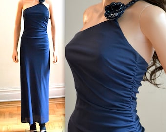 Jaren '90 Vintage Evening Gown Prom Dress Asymmetrische Blue Dress Knit Body Con Jurk door Laundry Size 2 One Shoulder Beaded Dress 90s Navy Blue