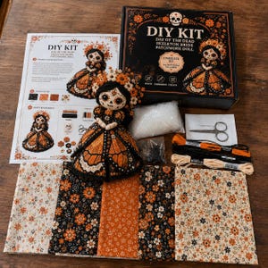 DIY Patchwork Doll Making Kit, Day of the Dead Sugar Skull Sewing Kit, Complete Cloth Doll Craft Kit with Fabric & Instructions