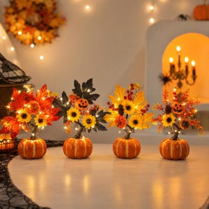 Halloween Pumpkin Tree Decor with Lights, Fall Maple Leaf Table Centerpiece Autumn Pumpkin Arrangement Spooky Shelf Decor, Thanksgiving Gift