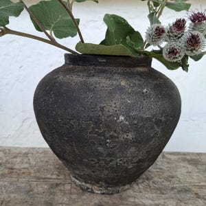 Puede incluir: Una vasija de cerámica redonda, oscura y texturizada con una abertura ancha, que contiene una rama de hojas verdes y varias cabezas de flores de bardana espinosas de color púrpura oscuro. El recipiente tiene un acabado negro mate desgastado.