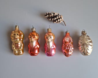 Russische Glas Ornamente, Vintage Baumschmuck, Löwe Nikolaus Eule Kiefer Kegel