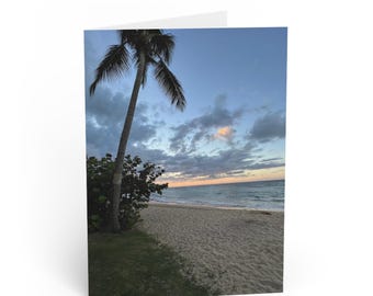 Tropical Beach Sunset Greeting Cards | Palm Tree Seascape Stationery