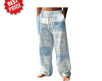 Pantaloni casual estivi da uomo, gamba larga, coulisse, stile retrò, patchwork, stampa 3D.