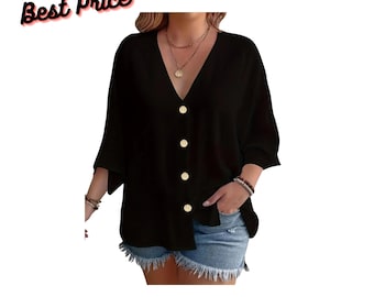 Women V Neck Button Blouse Casual Loose Fit Shirt Elegant Summer Travel Wear Top