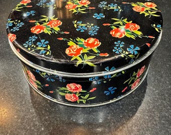 Lata de galletas vintage de los años 50, de tela estampada negra con diseño floral - Rosas rojas, 7,25 pulgadas.