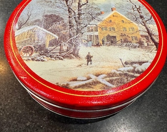 Vintage Golden Kernel Snacks Red Cookie Tin Currier & Ives Cold Morning