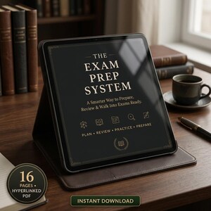 May include: A tablet in a dark brown case displaying the text THE EXAM PREP SYSTEM, A Smarter Way to Prepare, Review & Walk Into Exams Ready, with icons for plan, review, practice, and prepare, plus a circular badge stating 16 PAGES HYPERLINKED PDF.