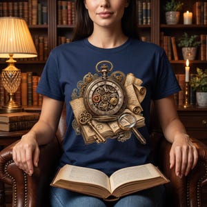 Puede incluir: Una camiseta azul marino con un estampado gráfico de un reloj de bolsillo de bronce con engranajes visibles, sobre un libro abierto con texto manuscrito. Una llave de metal y una lupa están colocadas sobre las páginas del libro.