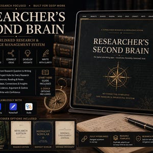 May include: A digital research and knowledge management system titled Researcher's Second Brain displayed on a tablet screen. The interface features a compass graphic, 60 connected templates, and compatibility icons for Goodnotes, Notability, Noteshelf, and Xodo.