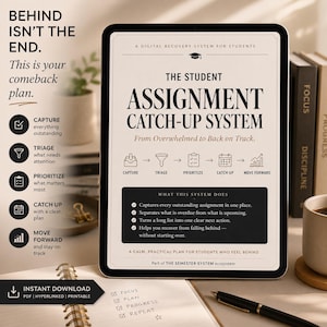 May include: A digital tablet displaying The Student Assignment Catch-Up System, a recovery plan for students. The screen features text, icons for capture, triage, prioritise, catch up, and move forward, and a list of system benefits in a dark box.