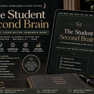 May include: A digital tablet displaying The Student Second Brain academic knowledge and study system with gold text on a black background. The interface features hyperlinked tabs, a graduation cap icon, and study planning tools for GoodNotes and Notability.
