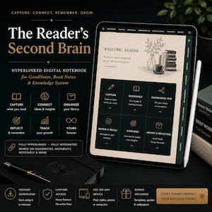 Puede incluir: Una tableta digital que muestra The Reader's Second Brain, un cuaderno digital con hipervínculos para GoodNotes. La pantalla muestra un panel con secciones para capturar, estantería y centro de conocimiento, junto a un lápiz óptico y un cuaderno.