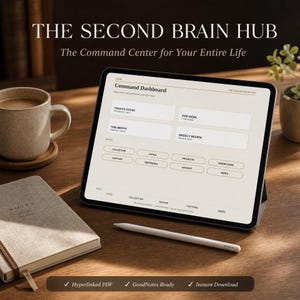 May include: A tablet displaying a digital planner titled The Second Brain Hub Command Dashboard with sections for Today's Focus, This Week, This Month, and Weekly Review, alongside a stylus, a notebook labeled Notes Ideas Plans, and a ceramic mug.