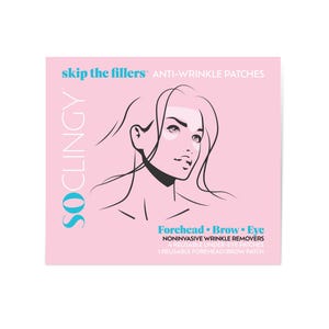 May include: A square pink product box for SOCLINGY skip the fillers anti-wrinkle patches. The packaging features a black line drawing of a face, with text indicating 4 reusable under-eye patches and 1 reusable forehead/brow patch included.