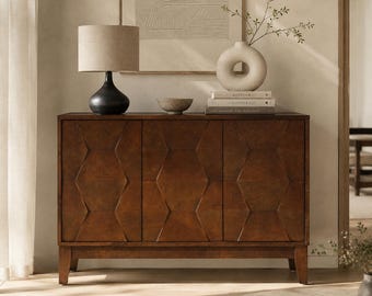 Geometric Sideboard Buffet Cabinet Walnut Storage Cabinet With Adjustable Shelves