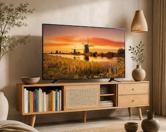 Mid Century Modern TV Stand Wood Entertainment Center with Open Storage Shelves
