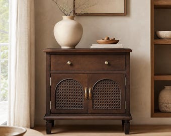 Vintage End Table with Door Drawer Traditional Side Table Solid Wood Legs