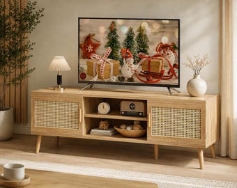 Rattan TV Stand Mid Century Media Console Entertainment Center Storage Cabinet