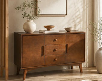 Mid Century Buffet Cabinet with Solid Wood Frame Legs Accent Storage