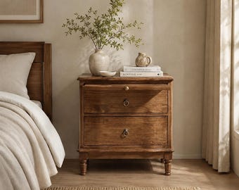 Solid Wood End Table with Hidden Shelf Charging Station Two Drawer Storage