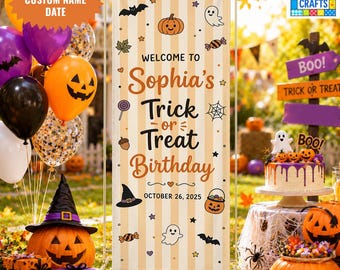 Personalized Halloween Birthday Banner, Custom Trick or Treat Birthday Banner, Halloween Party Welcome Sign, Spooky Birthday Decoration