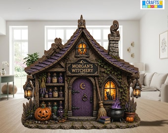 Personalized Witch Cottage Wooden Block, Gothic Halloween Miniature House, Magical Witch House Display, Fantasy Home Decor