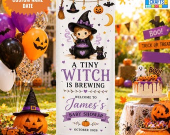 Tiny Witch Baby Shower Banner, A Tiny Witch Is Brewing Welcome Sign, Personalized Halloween Baby Shower Linen Banner