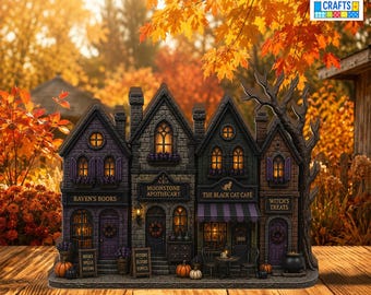 Halloween Village Wooden Block, Gothic Witch Town,  Spooky Bookstore, Apothecary Shop, Halloween Decor