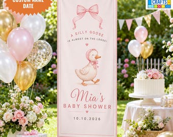 Personalized Baby Shower Linen Banner, Custom Goose Baby Shower Sign, Pink Goose Party Decor, Baby Girl Welcome Banner