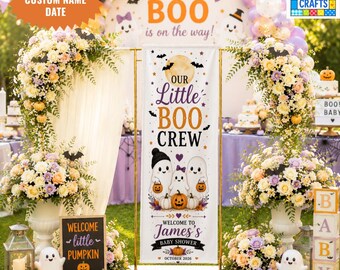 Little Boo Crew Baby Shower Banner, Halloween Baby Shower Welcome Sign, Personalized Linen Banner, Spooky Cute Baby Party