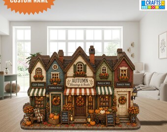 Personalized Autumn Village Wooden Block, Fall Bookstore Decor, Pumpkin Patch Village Shelf Sitter, Rustic Harvest Home Decoration