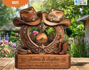 Personalized Cowboy Couple Wooden Block, Custom Name Date Western Decor, Rustic Horseshoe Heart Gift, Anniversary Wedding Gift for Couple