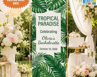 Personalized Tropical Bachelorette Linen Banner, Palm Leaf Bridal Party Banner, Tropical Bridal Shower Decor
