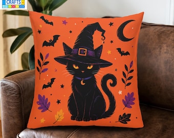 Halloween Black Cat Pillow, Witch Cat Decor, Spooky Autumn Cushion, Gothic Home Decor, Halloween Gift For Cat Lovers