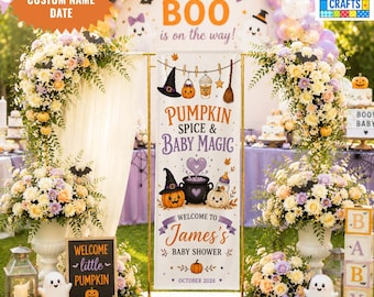 Pumpkin Spice & Baby Magic Banner, Halloween Baby Shower Welcome Sign, Personalized Linen Banner, Fall Baby Shower Sign