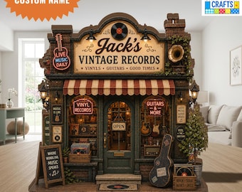 Personalized Vintage Record Store Wooden Block, Music Shop Display, Vinyl Guitar, Music Lover Gift, Personalized Home Decor