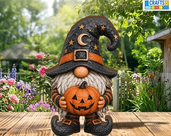 Halloween Gnome Wooden Block, Pumpkin Gnome Shelf Decor, Rustic Witch Gnome Decoration, Fall Halloween Decor