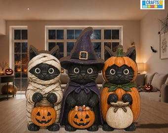 Halloween Black Cat Wooden Block, Cute Cat Halloween Shelf Sitter, Witch Cat Pumpkin Mummy Cat Wooden Sign
