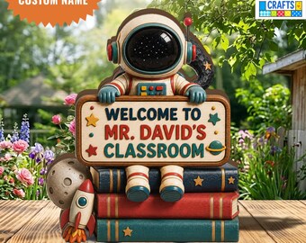 Personalized Space TeacherWooden Block, Custom Astronaut Classroom Sign, Teacher Name Plaque, Back to School Classroom Decor