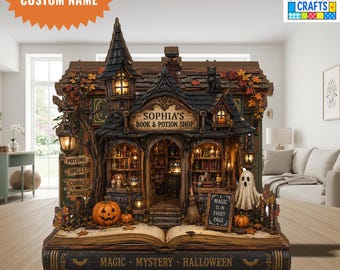 Personalized Witch Book Wooden Block, Halloween Miniature House, Magic Shop Display, Gothic Fantasy Home Decor, Spooky Gift