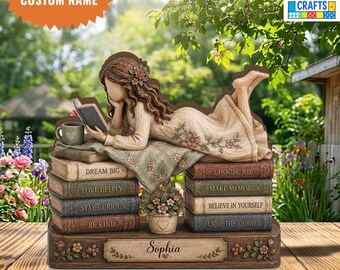 Personalized Book Lover Wooden Block, Custom Reading Girl Shelf Decor, Book Stack Name Sign, Reader Gift, Library Decor