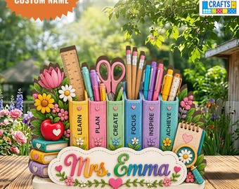 Personalized Teacher Desk Wooden Block, Custom Name Teacher Gift, Classroom Pencil Holder, Teacher Appreciation Gift