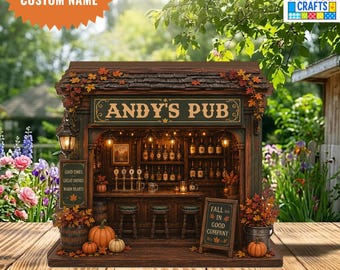Personalized Rustic Pub Wooden Block, Autumn Tavern Display, Cozy Bar House Decoration, Fall Home Decor