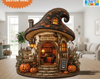Personalized Halloween Book Nook Wooden Block, Witch Mushroom House Gift, Spooky Library Decor, Book Lover Halloween Keepsake