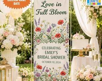 Personalized Bridal Shower Linen Banner, Wildflower Bridal Shower Welcome Sign, Love in Full Bloom Wedding Shower Decor, Floral Linen Banner