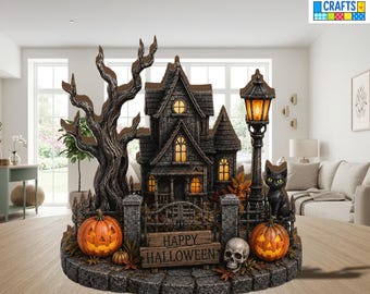 Halloween Haunted House  Wooden Block, Gothic Halloween Sign, Spooky House Wall Art, Dark Halloween Home Decor