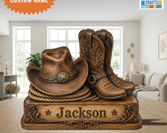 Personalized Cowboy Wooden Block, Custom Western Name Plaque, Rustic Ranch Decor, Country Style Wooden Sign, Cowboy Room Gift