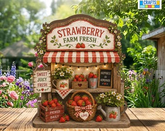 Strawberry Farm Fresh Wooden Block, Rustic Strawberry Stand Decor, Summer Farmhouse Shelf Sitter