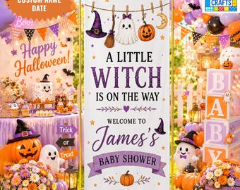 Halloween Baby Shower Banner, A Little Witch Is on the Way Banner, Personalized Baby Shower Welcome Sign, Spooky Baby Shower Decor